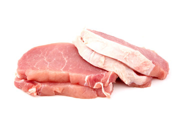 Raw pork cutlet on white background, Red meat pig