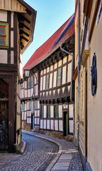 Narrow alley in the streets of the historic old town of Wernigerode. Saxony-Anhalt, Harz, Germany