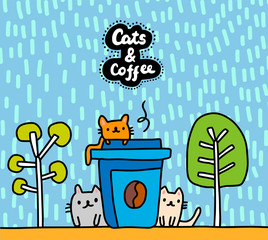 Cats and coffee hand drawn vector illustration in cartoon comic style lettering