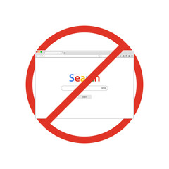 Browser window with search in prohibition sign. Browser banned. Prohibited ban stop symbol.