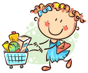 Obraz na płótnie Canvas Cartoon girl doing shopping, colorful vector illustration