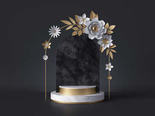 3d render, white marble pedestal isolated on black background, floral arch over black stone panel, memorial board, cylinder steps, abstract minimal concept, blank space, wedding design, fashion mockup
