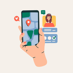 Hand holding phone with Navigation map. Call center lady. Communication, social networking concept. Stylized hand drawn vector illustration for Mobile Application or web sites and banner design