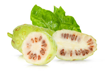 Obraz na płótnie Canvas Noni or Morinda Citrifolia fruits with half slice isolated on white background (Rubiaceae Noni, great morinda, indian mulberry, beach mulberry, cheese fruit, Gentianales)
