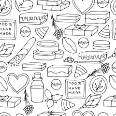 Seamless of outline soap making collection. Hand drawn vector pattern of the soap with natural ingredients. 