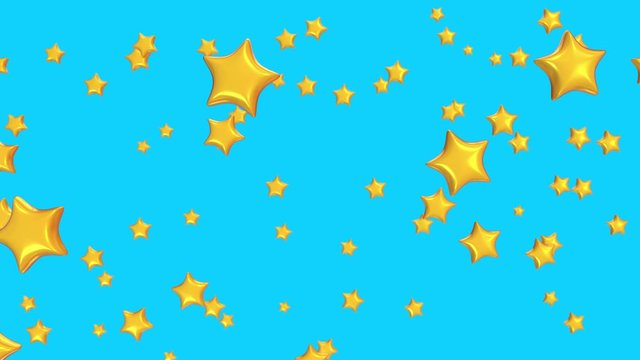 Realistic 3d cartoon yellow stars flying and rotated on blue background. Abstract bright concept for games or broadcast decoration. Loop 3d animation.