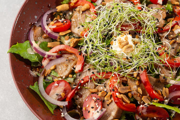 Veal salad with cherry tomatoes, mushrooms on a black plate on dark background. Plate on white background, copy space. Restaurant food, close up. Meat salad. Horizontal photo.