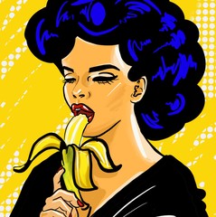 Sexy pop art woman eating banana  - 303859416
