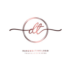 DT Initial handwriting logo design with circle lines dark pink gradation color. handwritten logo for fashion, beauty, team, wedding, luxury logo
