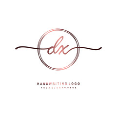 DX Initial handwriting logo design with circle lines dark pink gradation color. handwritten logo for fashion, beauty, team, wedding, luxury logo