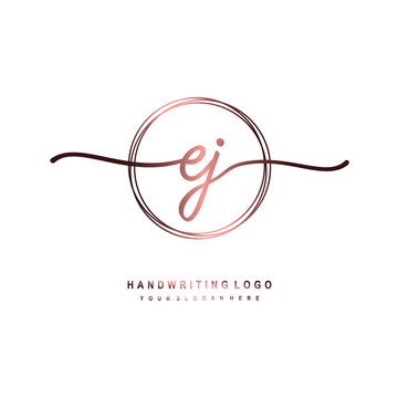 EJ Initial handwriting logo design with circle lines dark pink gradation color. handwritten logo for fashion, beauty, team, wedding, luxury logo