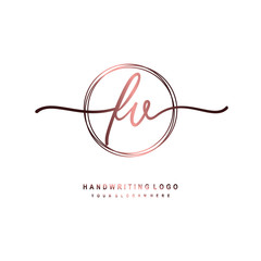 FV Initial handwriting logo design with circle lines dark pink gradation color. handwritten logo for fashion, beauty, team, wedding, luxury logo