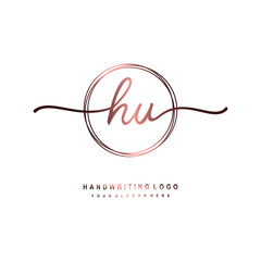 HU Initial handwriting logo design with circle lines dark pink gradation color. handwritten logo for fashion, beauty, team, wedding, luxury logo