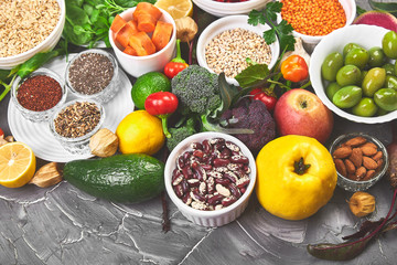 Healthy food selection, clean eating. Fruit, vegetable, seeds, superfood