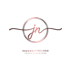 JN Initial handwriting logo design with circle lines dark pink gradation color. handwritten logo for fashion, beauty, team, wedding, luxury logo