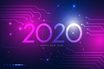 Obraz premium Happy new year 2020 design with futuristic technology background. Vector illustration