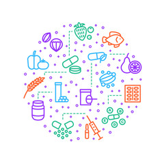 Vitamin and Dietary Signs Thin Line Round Design Template. Vector