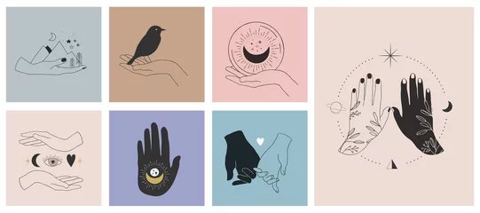 Fotobehang Collection of fine, hand drawn style logos and icons of hands. Fashion, skin care and wedding concept illustrations. © Marina Zlochin