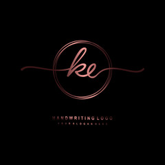 KE Initial handwriting logo design with circle lines dark pink gradation color. handwritten logo for fashion, beauty, team, wedding, luxury logo