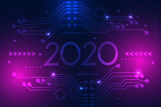 Happy new year 2020 design with futuristic technology background. Vector illustration