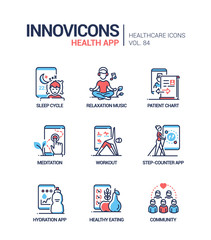 Health mobile app line design style icons set