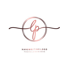 LP Initial handwriting logo design with circle lines dark pink gradation color. handwritten logo for fashion, beauty, team, wedding, luxury logo