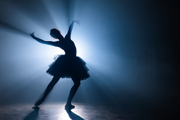 Ballerina in black tutu dress dancing on stage with magic blue light and smoke. Silhouette of young attractive dancer in ballet shoes pointe performing in dark. Copy space. - obrazy, fototapety, plakaty
