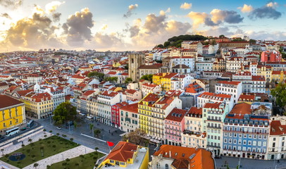 Lisbon cityscape panorama Alfama Portugal colored houses