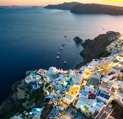 Santorini panorama oia cityscape greece, greek cyclades island travel, seaside resort, white houses