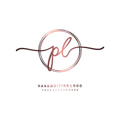 PL Initial handwriting logo design with circle lines dark pink gradation color. handwritten logo for fashion, beauty, team, wedding, luxury logo