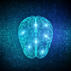 Brain. Digital brain on streaming matrix digital binary code background. 3D Science and Technology concept. Neural network. IQ testing, artificial intelligence virtual emulation. Vector illustration.