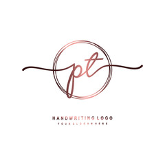 PT Initial handwriting logo design with circle lines dark pink gradation color. handwritten logo for fashion, beauty, team, wedding, luxury logo