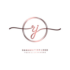 RJ Initial handwriting logo design with circle lines dark pink gradation color. handwritten logo for fashion, beauty, team, wedding, luxury logo