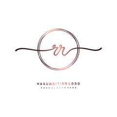 RR Initial handwriting logo design with circle lines dark pink gradation color. handwritten logo for fashion, beauty, team, wedding, luxury logo