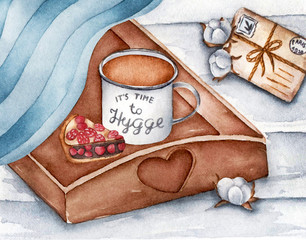 Fototapeta na wymiar Cup of coffee with cinnamon and cookies. Hand drawn watercolor cozy card
