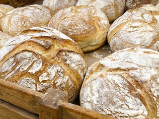Food, freshly baked bread, on a shelf in the store.