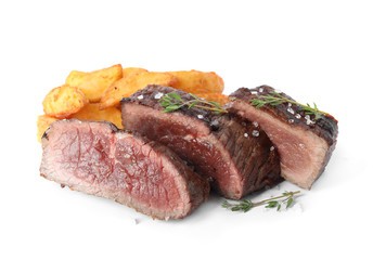 Delicious sliced beef steak with fried potatoes isolated on white