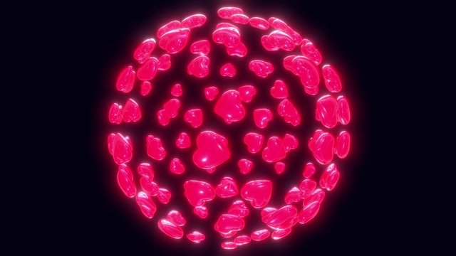 Realistic 3d cartoon flying and rotated sphere of red hearts on black background. Colorful symbol of Valentine's day. Abstract romantic concept for holiday or broadcast decoration. Loop 3d animation.