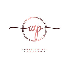 WP Initial handwriting logo design with circle lines dark pink gradation color. handwritten logo for fashion, beauty, team, wedding, luxury logo