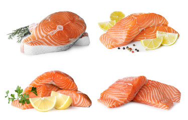 Set of fresh raw salmon on white background. Fish delicacy
