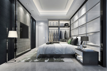 3d rendering luxury modern bedroom suite tv with wardrobe and walk in closet