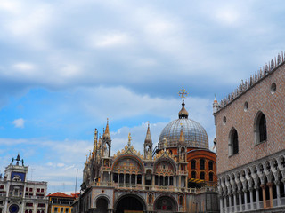 View of the exterior of the Saint Mark's Basilica (Basilica di San Marco) and Doge's Palace (Palazzo Ducale) in Venice, Italy