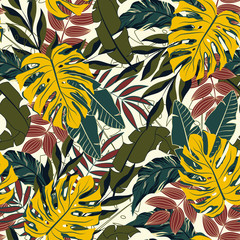 Trend tropical pattern with colorful plants and leaves. Summer background with exotic leaves. Beautiful seamless vector floral pattern. Exotic wallpaper, Hawaiian style. Seamless vector texture.