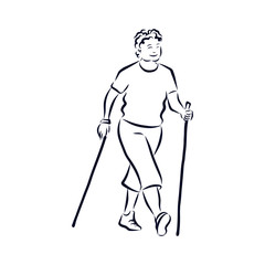 Woman with crutches, Nordic walking sketch 