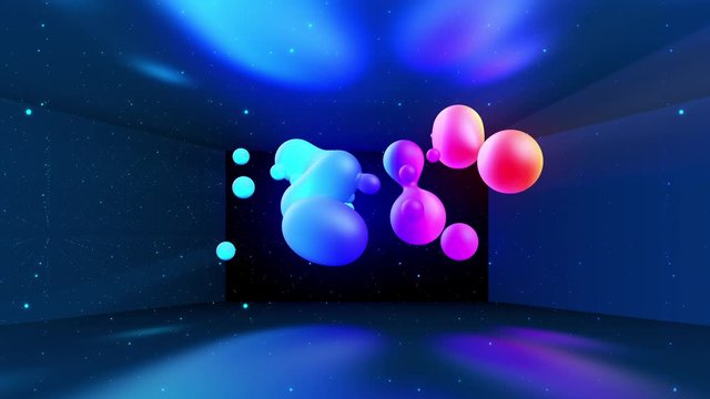 Spheres merge like liquid drops or metaballs move in-air smoothly, like underwater. Abstract liquid gradient of colors on beautiful 3d spherical forms, multi-colored glow, scattering light inside. 28