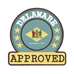 Vector Stamp of Approved logo with Delaware Flag in the round shape on the center. The states of America.