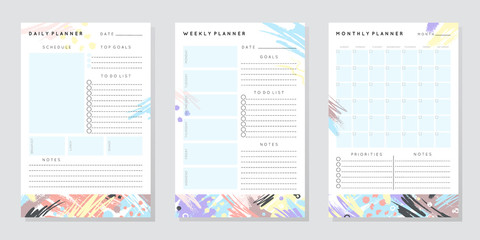 Vector planner templates with hand drawn shapes and textures in pastel colors.Organizer and schedule with place for notes,goals and to do list.Trendy minimalistic style.Abstract modern design.