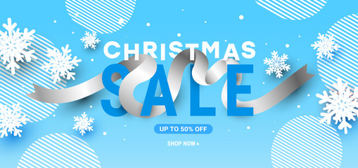 Christmas, new year, winter sale banner with 3d air snowflakes and sale text on a blue background. Horizontal poster, header website, card, voucher