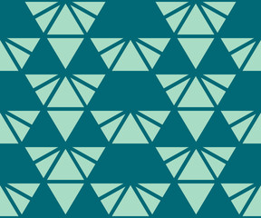 Vector geometric seamless pattern with triangles in teal and light green color