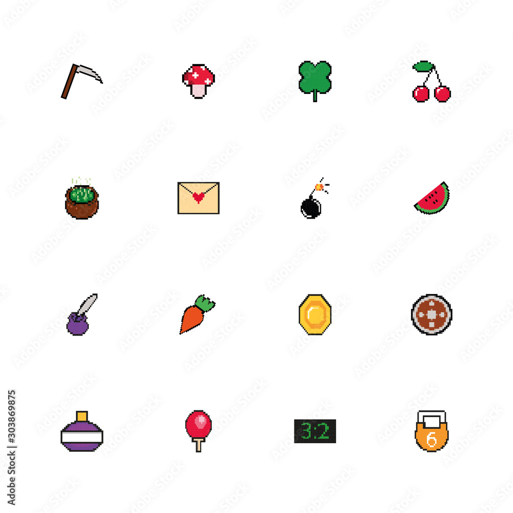 Poster bundle of 8 bits pixelated style icons